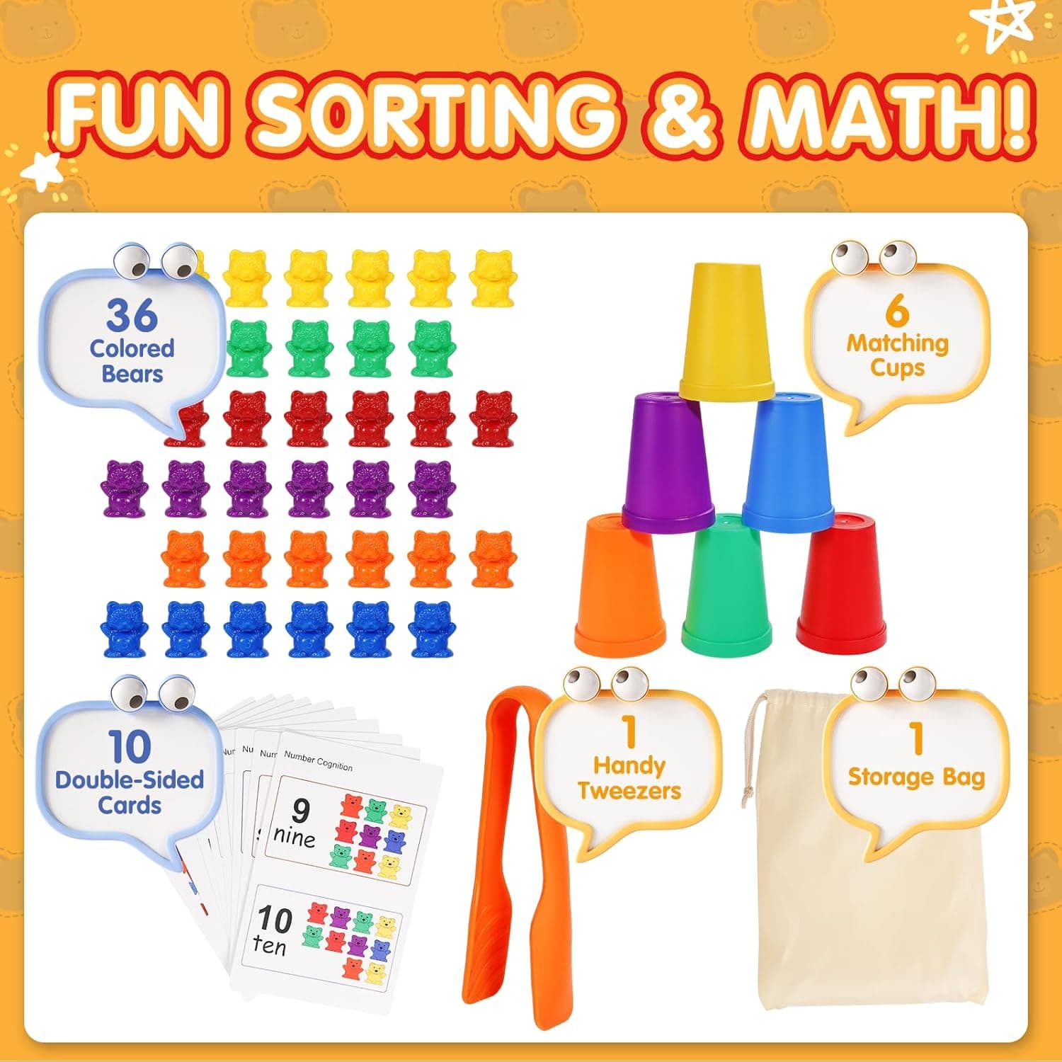 Bmag Contar osos con tazas de clasificación a juego, juguetes de aprendizaje preescolar, juegos de reconocimiento de color y matemáticas miniatura 5