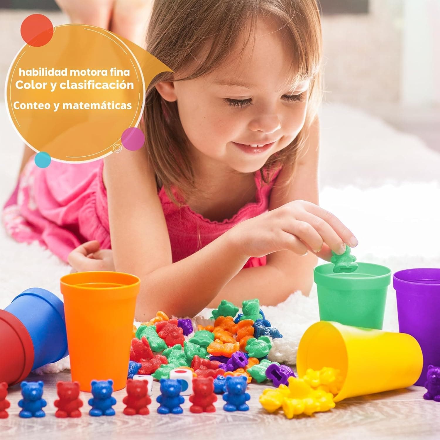 Bmag Contar osos con tazas de clasificación a juego, juguetes de aprendizaje preescolar, juegos de reconocimiento de color y matemáticas miniatura 2