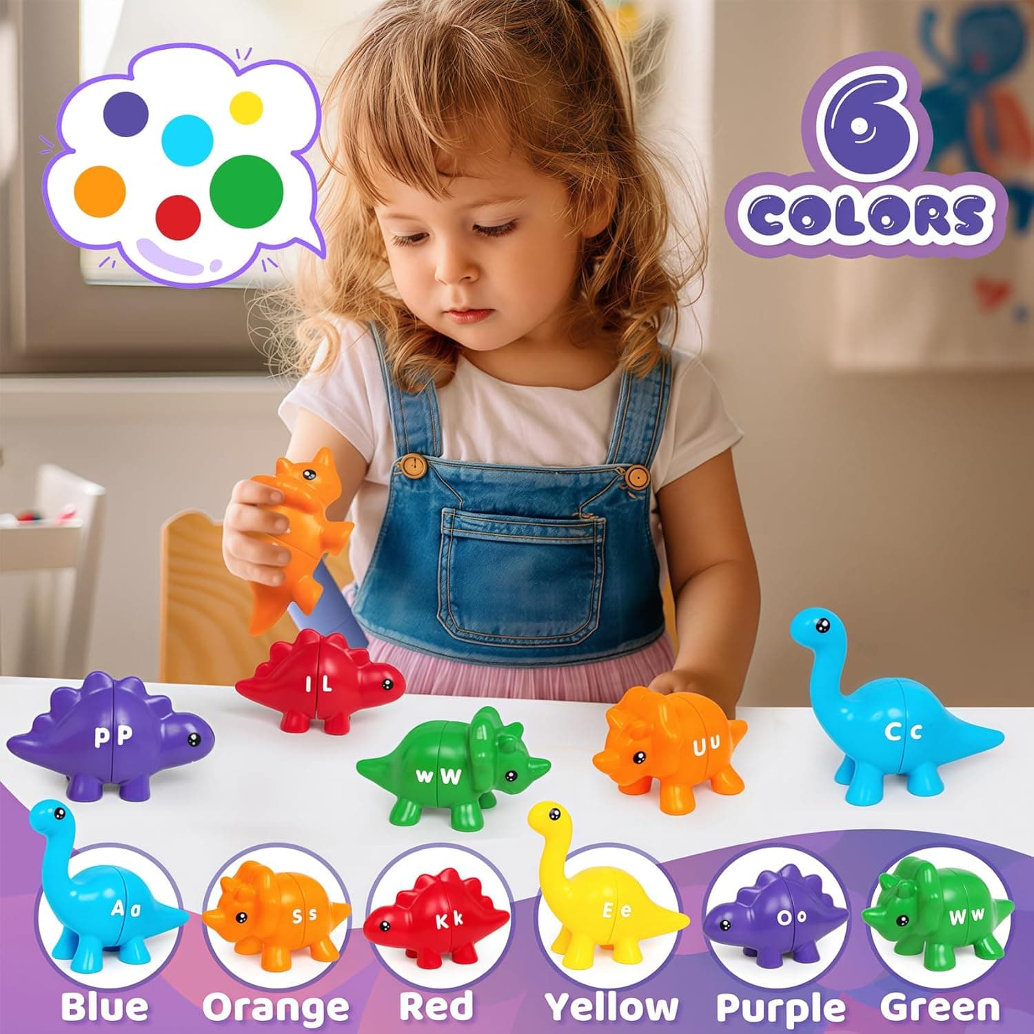 Juguetes de aprendizaje del alfabeto de dinosaurio, 13 piezas de juego de dinosaurios de doble cara para niños miniatura 5