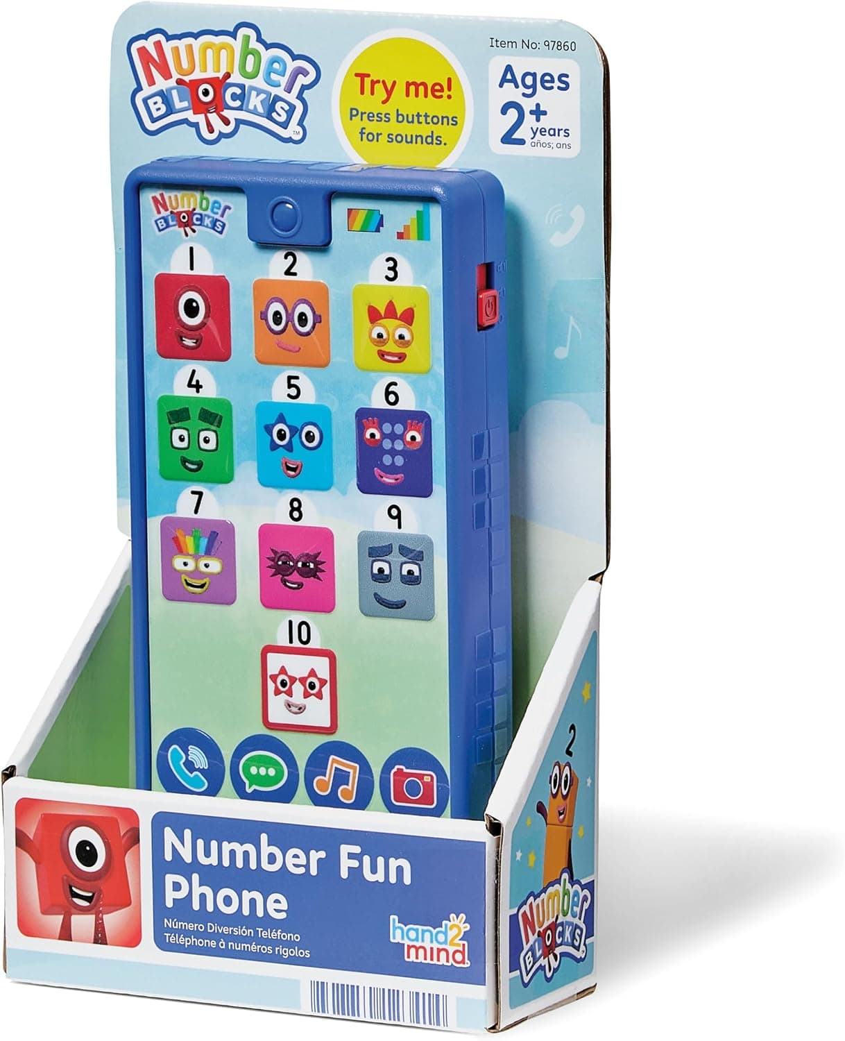 hand2mind Numberblocks - Teléfono divertido con números, más de 30 sonidos y canciones, teléfono celular de juego de simulación para niños, juguetes musicales interactivos para niños pequeños