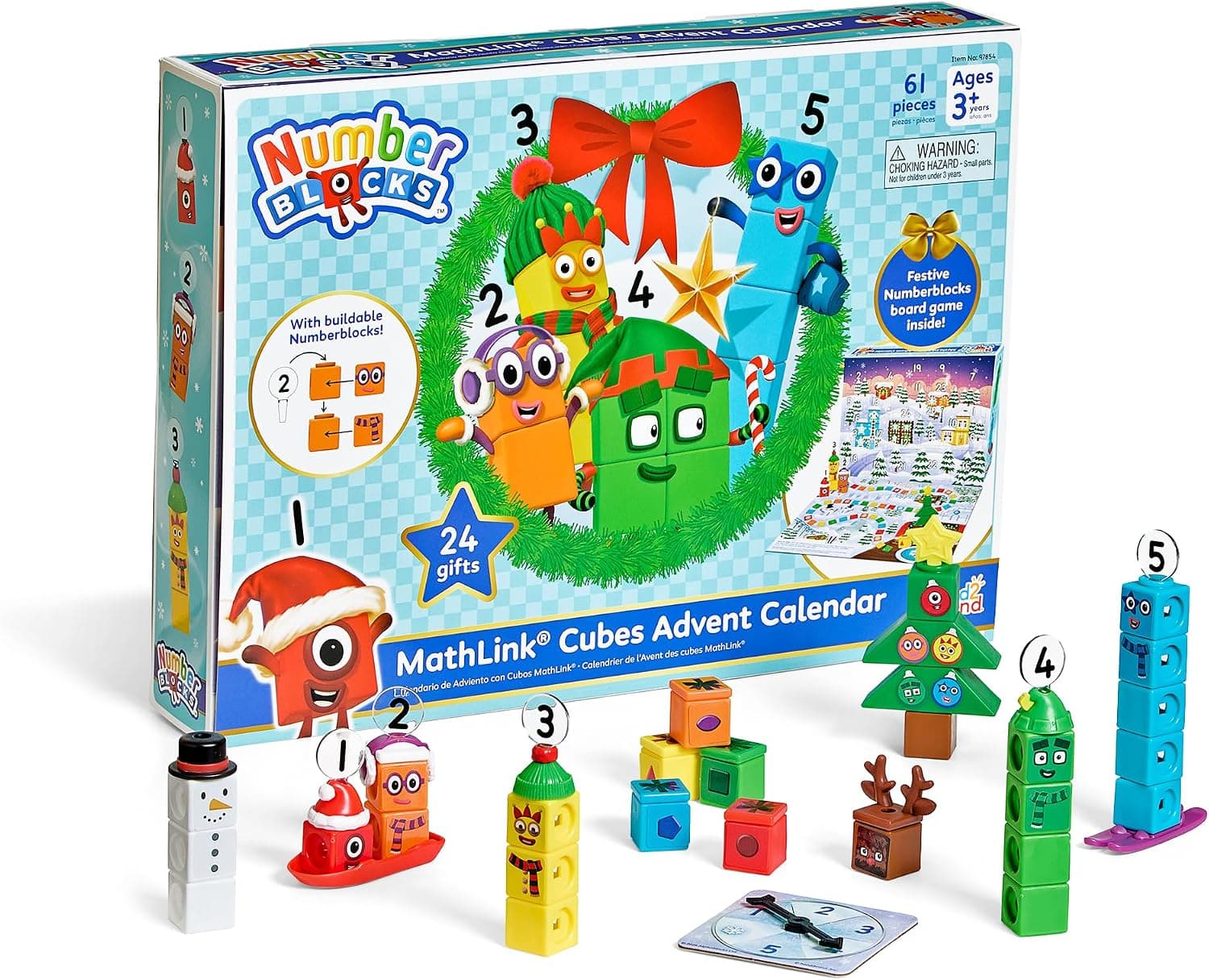 hand2mind Numberblocks MathLink Cubes Calendario de Adviento, 24 días de regalos sorpresa y figuras temáticas, calendario de cuenta regresiva de Navidad con tablero de juego integrado